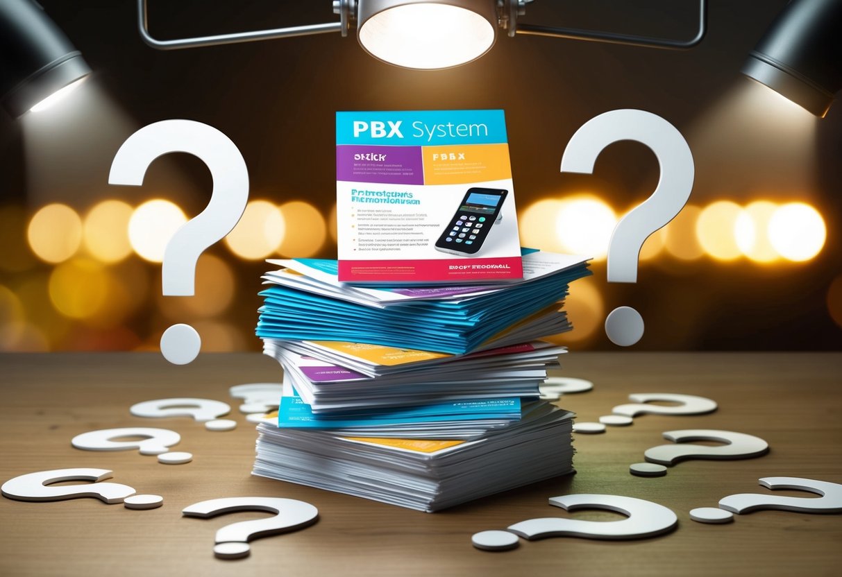 A stack of colorful promotional flyers for a PBX system, surrounded by question marks and a spotlight overhead