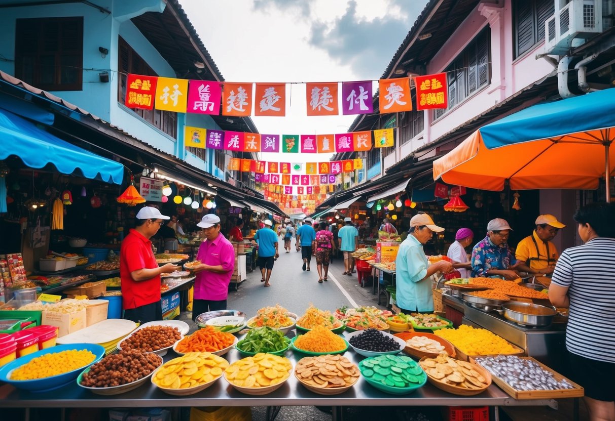 Colorful street market with vendors selling traditional Penang food, crafts, and souvenirs. Bright banners and signs promote local cultural events