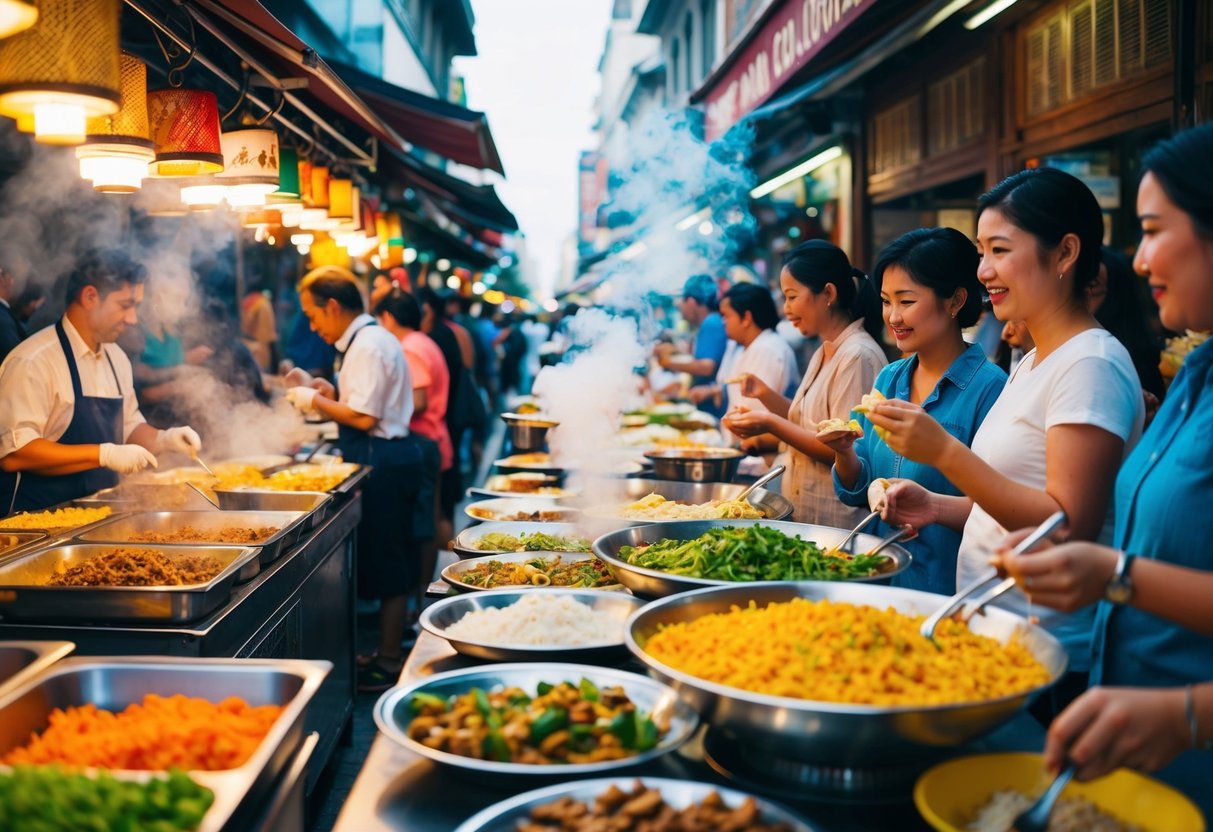 A bustling street filled with colorful food stalls, aromatic smoke, and eager tourists sampling various dishes