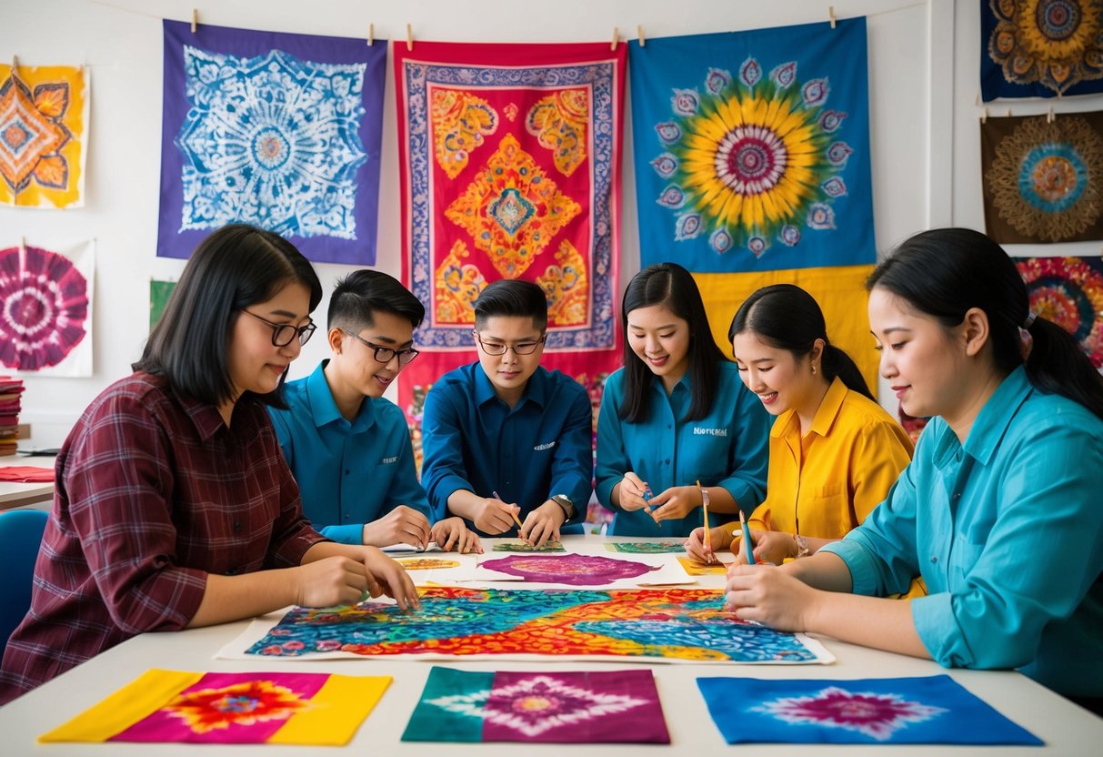A group of students learning traditional batik design in a bright and colorful studio, surrounded by samples of intricate patterns and vibrant dyes