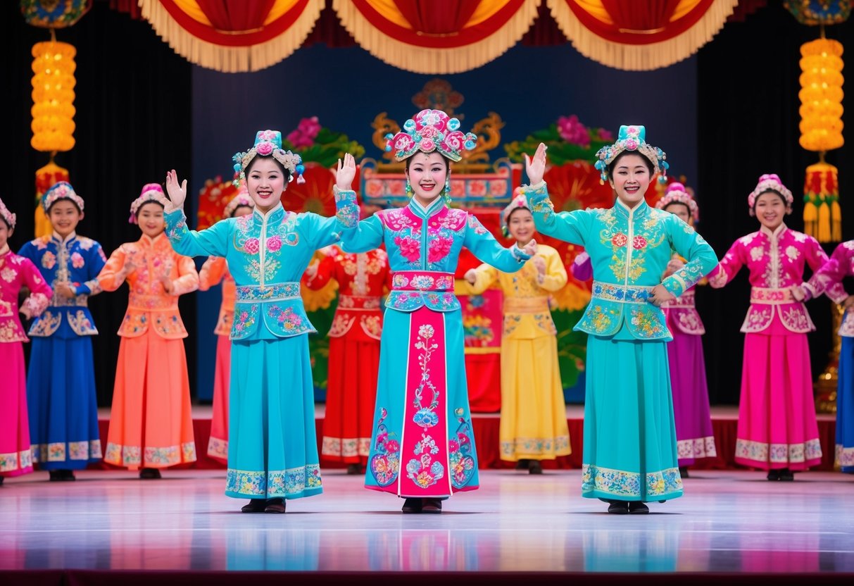 A vibrant Teochew Opera performance in Penang, with colorful costumes and intricate stage decorations