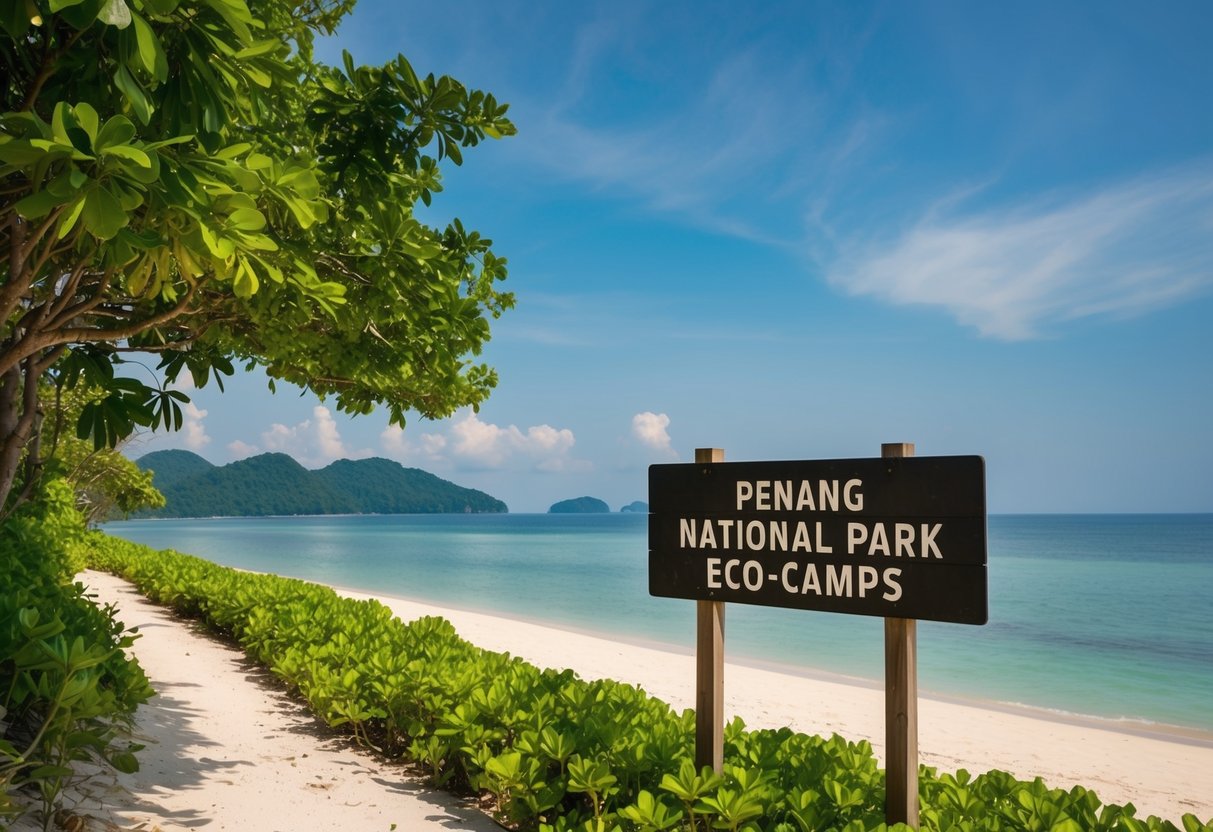 A serene beach with lush greenery, a clear blue sky, and a wooden sign promoting Penang National Park Eco-Camps