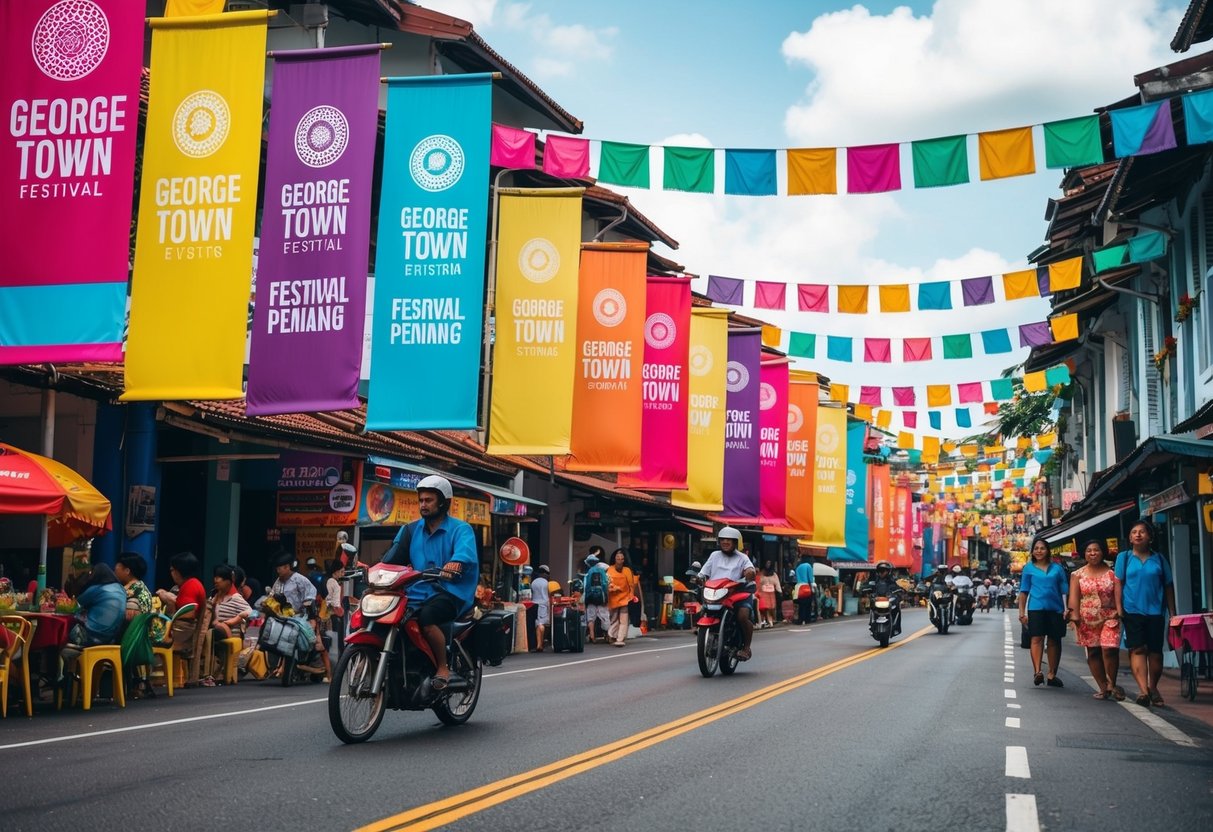 Colorful banners line the streets, showcasing George Town Festival events and promoting Penang's vibrant culture