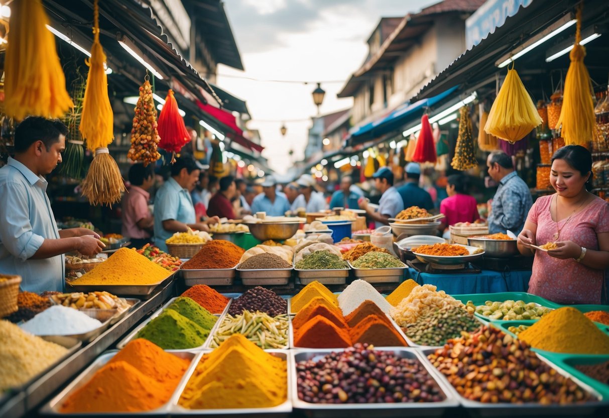A bustling street market filled with vibrant colors, exotic spices, and traditional crafts, with the aroma of sizzling street food wafting through the air
