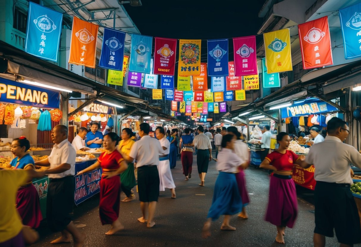 A bustling night market filled with colorful banners, traditional music, and locals showcasing Penang's vibrant culture through dance and food