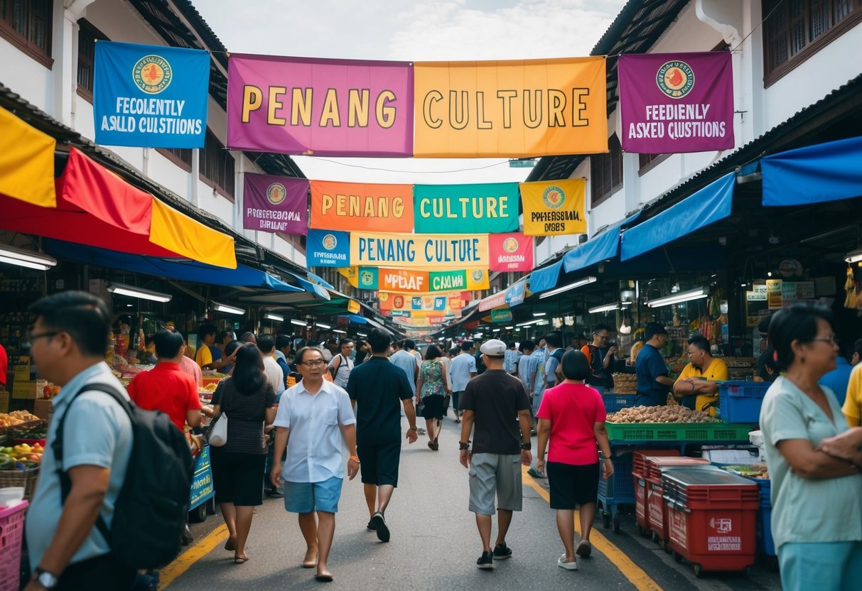 A bustling market with colorful banners promoting Penang culture and a sign labeled "Frequently Asked Questions."