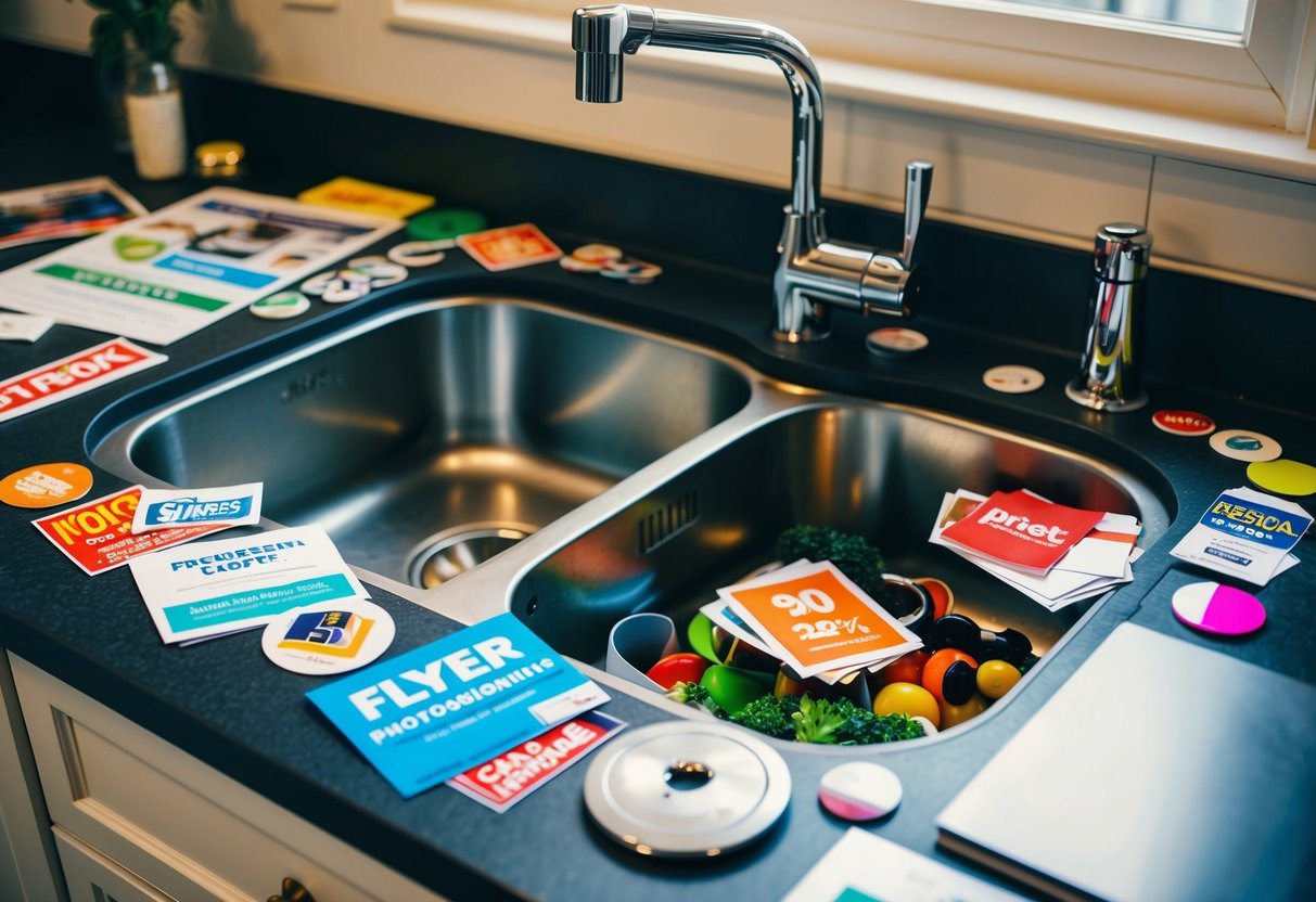 A cluttered kitchen sink with various promotional items such as flyers, stickers, and magnets scattered around the edges