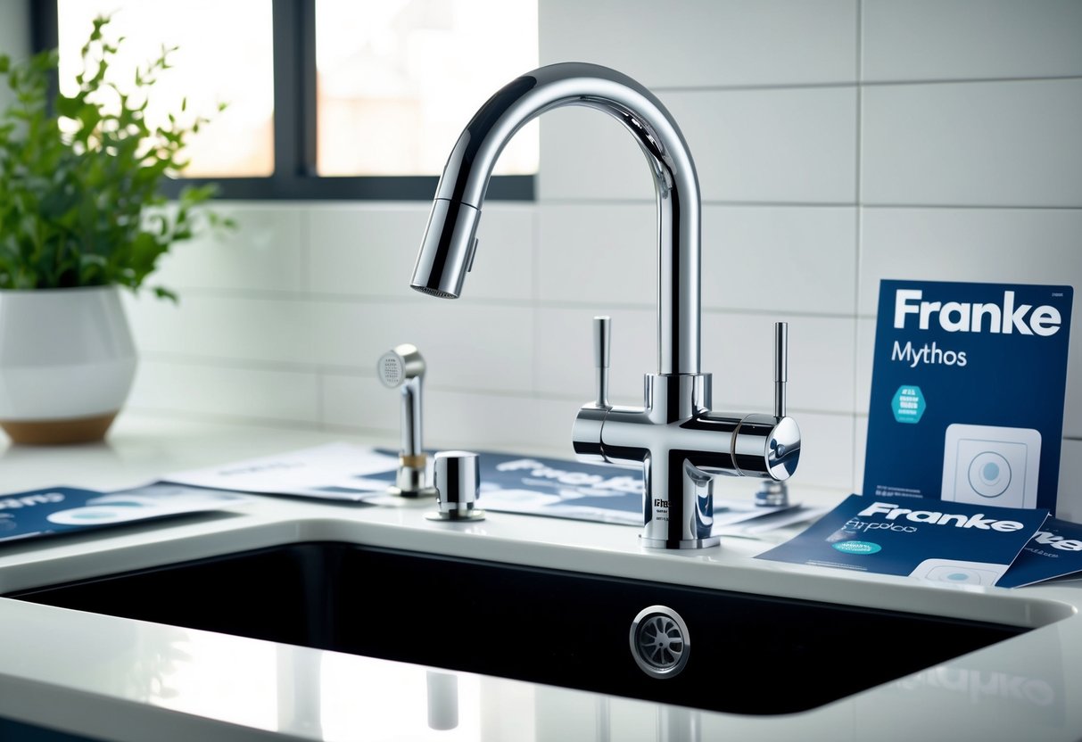 A sleek Franke Mythos Tap protruding from a modern kitchen sink, surrounded by promotional materials