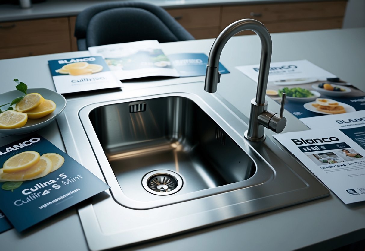 A modern kitchen sink with Blanco Culina-S Mini Tap, surrounded by promotional materials