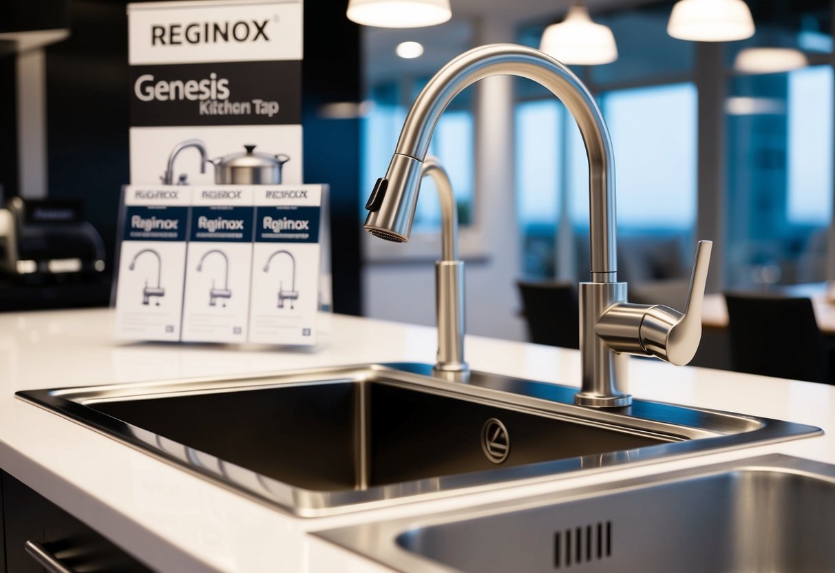 A sleek Reginox Genesis Kitchen Mixer Tap installed above a modern kitchen sink with promotions displayed nearby