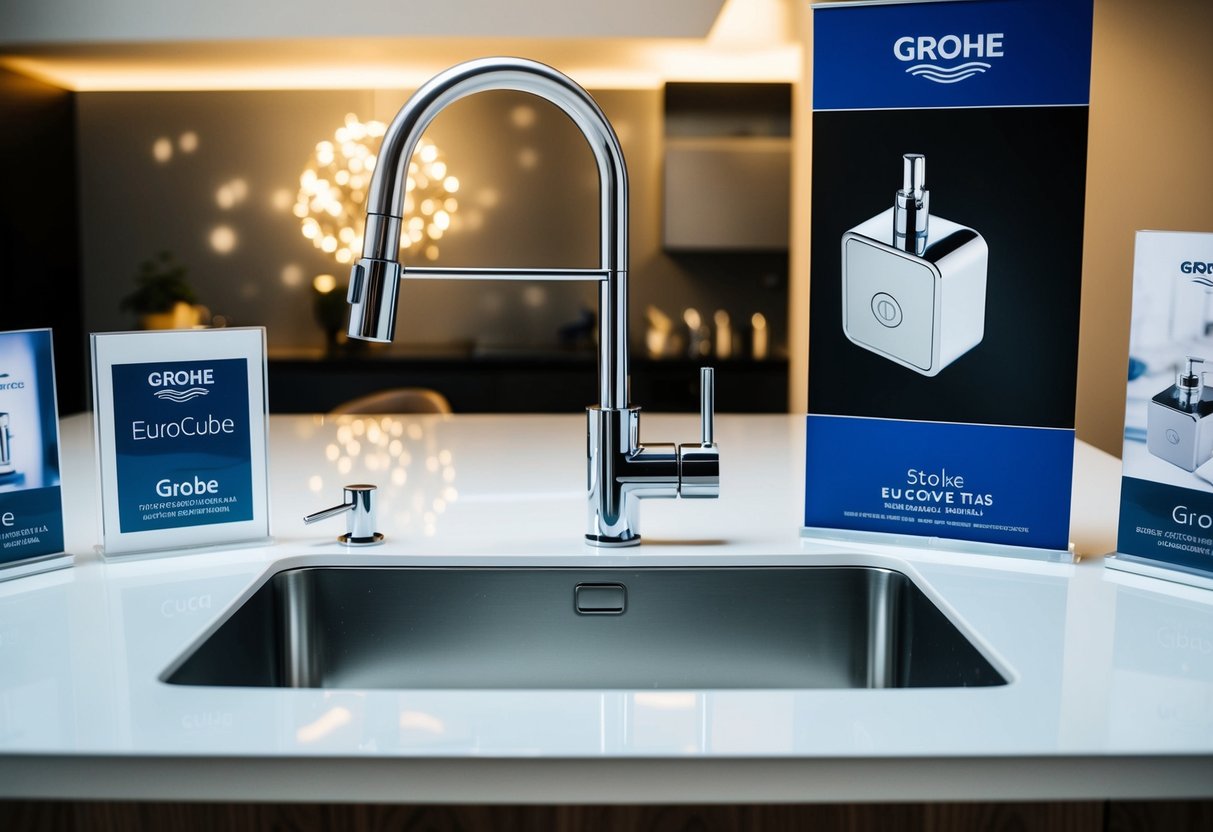 A sleek Grohe Eurocube Kitchen Tap installed above a modern kitchen sink, surrounded by promotional signage
