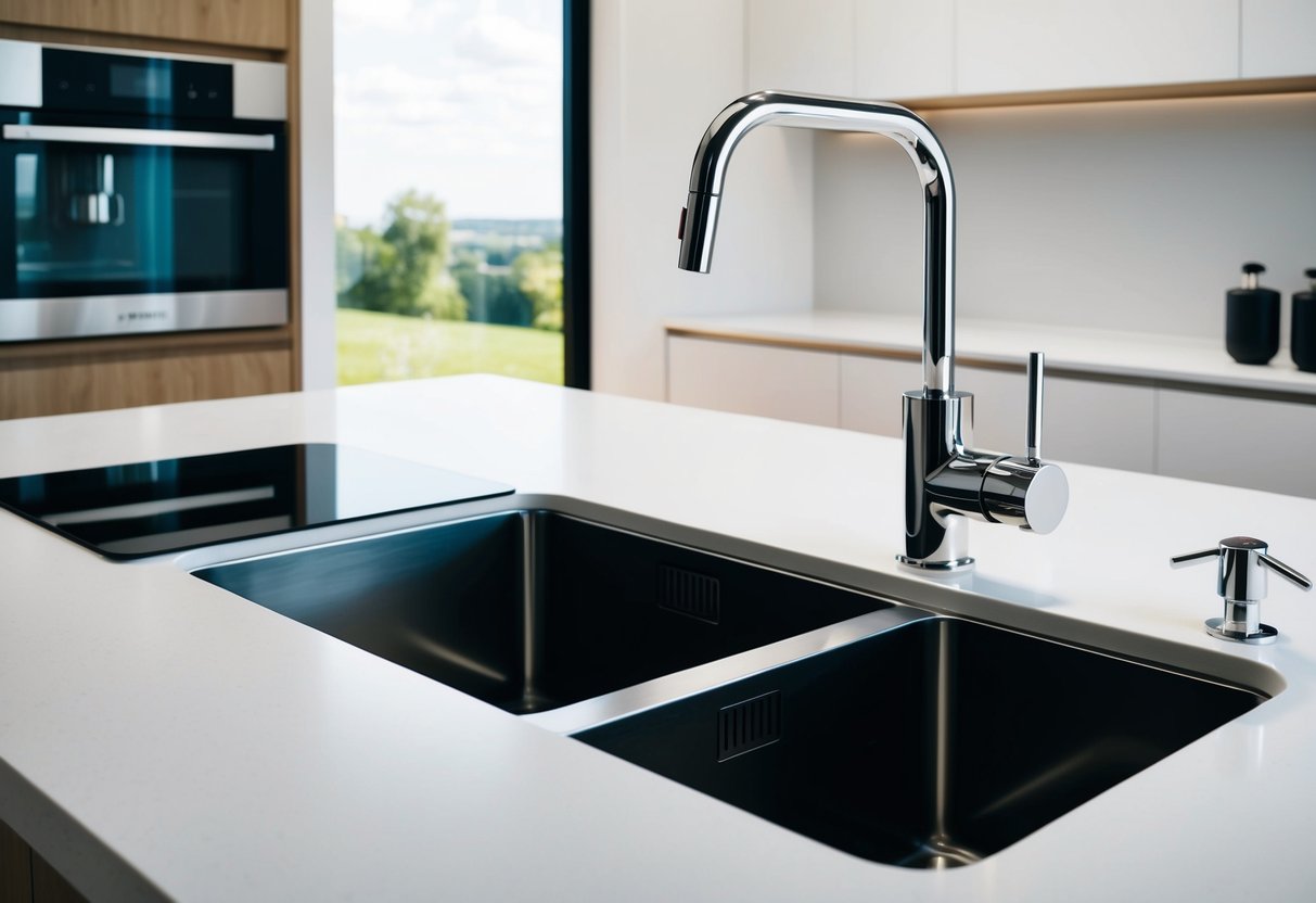 A modern kitchen sink with a Perrin & Rowe Polaris 3-in-1 Instant Hot Water Tap, surrounded by sleek appliances and a clean, minimalist countertop
