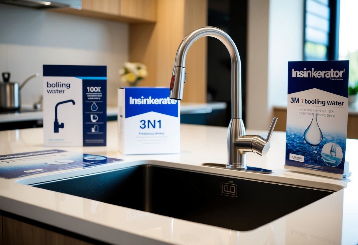 A modern kitchen sink with an Insinkerator 3N1 J Shape Boiling Water Tap, surrounded by promotional materials