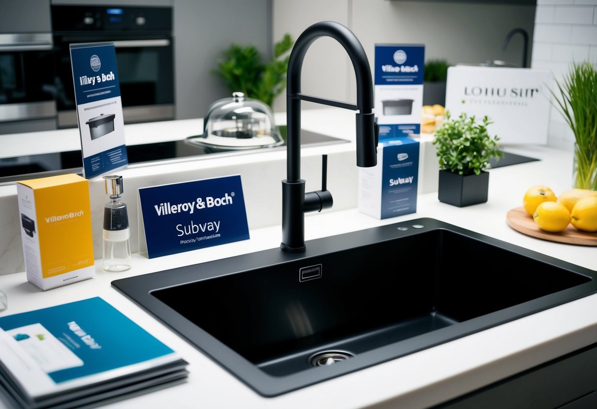A sleek Villeroy & Boch Subway 3.0 kitchen sink surrounded by promotional materials and modern kitchen accessories