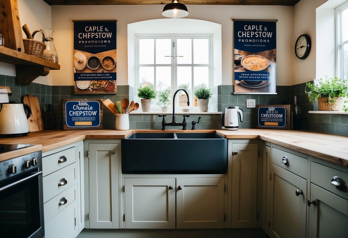 A rustic kitchen with a large Belfast sink, surrounded by Caple and Chepstow promotions