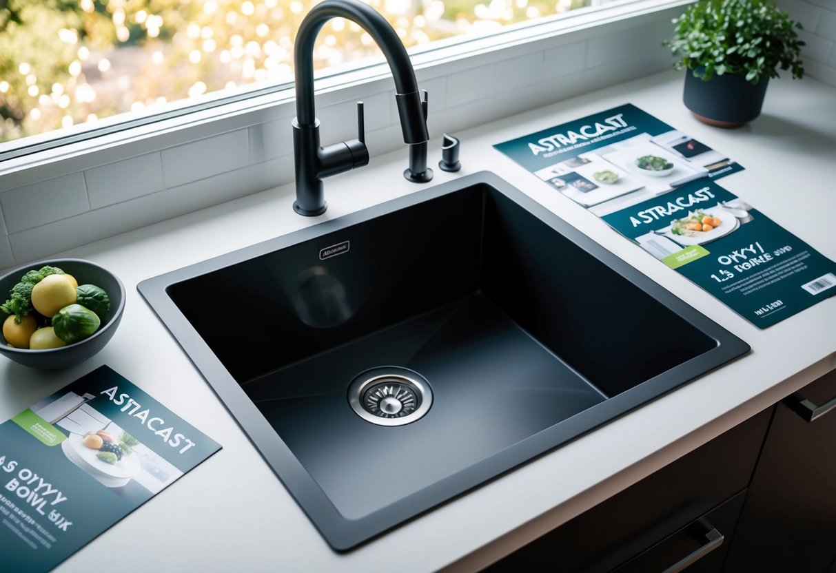 A modern kitchen with a sleek Astracast Onyx 1.5 Bowl Inset Sink, surrounded by promotional materials