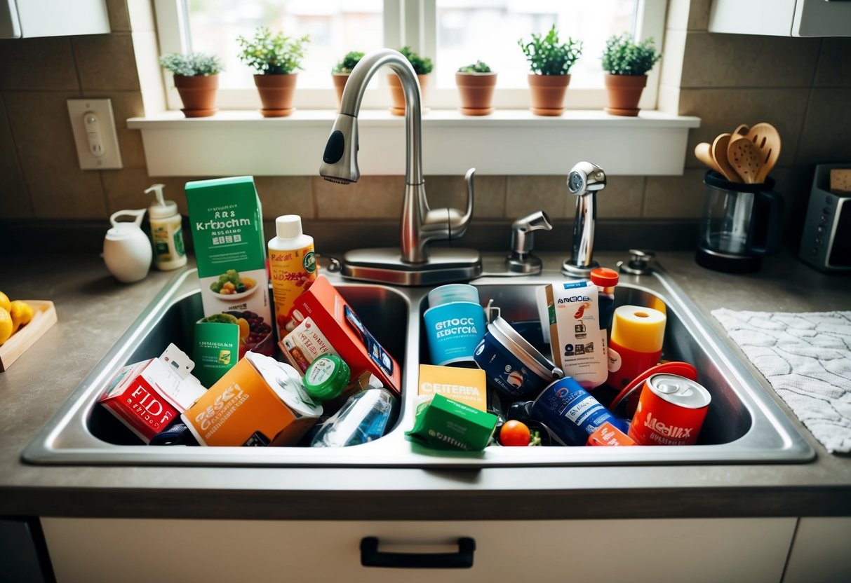 A cluttered kitchen sink filled with various promotional items and products