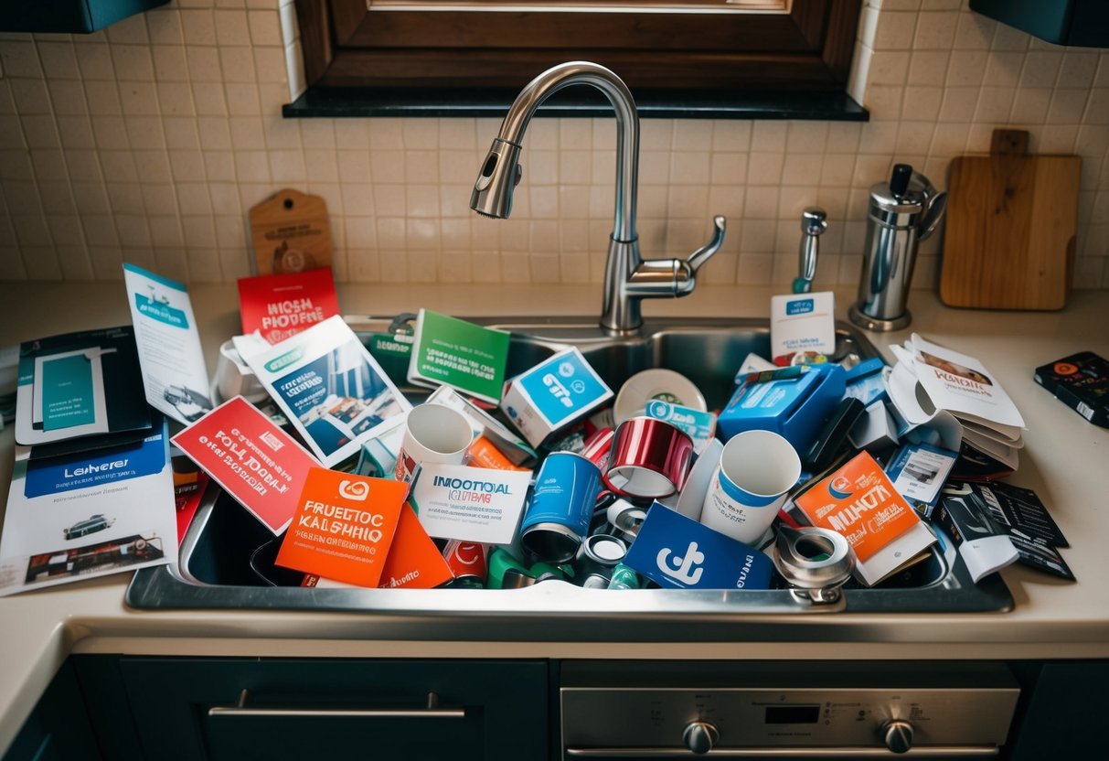A cluttered kitchen sink overflowing with various promotional items and marketing materials