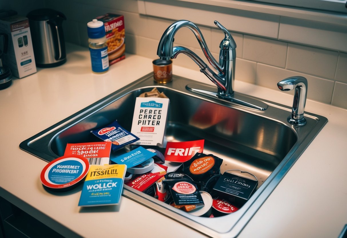 A cluttered kitchen sink with various promotional items scattered around it