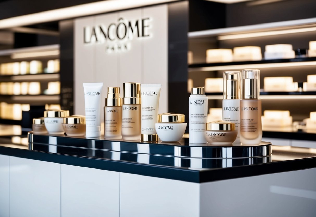 A display of Lancome products arranged on a sleek, modern counter with soft, flattering lighting