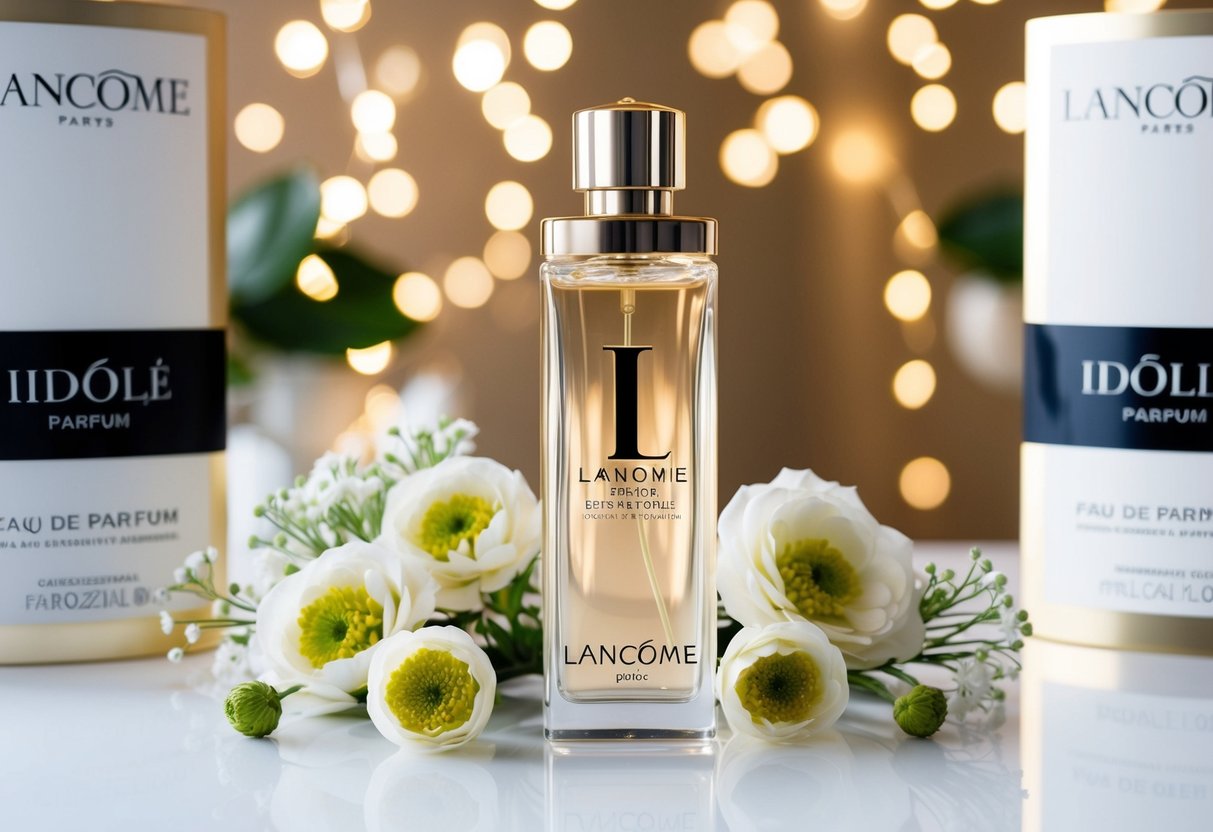 A sleek Lancôme Idôle Eau de Parfum bottle surrounded by delicate floral arrangements and elegant promotional signage