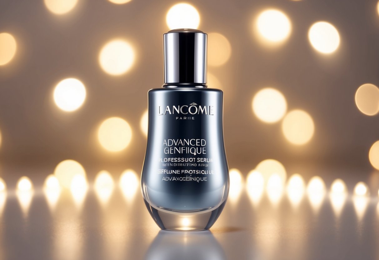 A sleek, modern bottle of Lancôme Advanced Génifique Serum surrounded by soft, glowing light