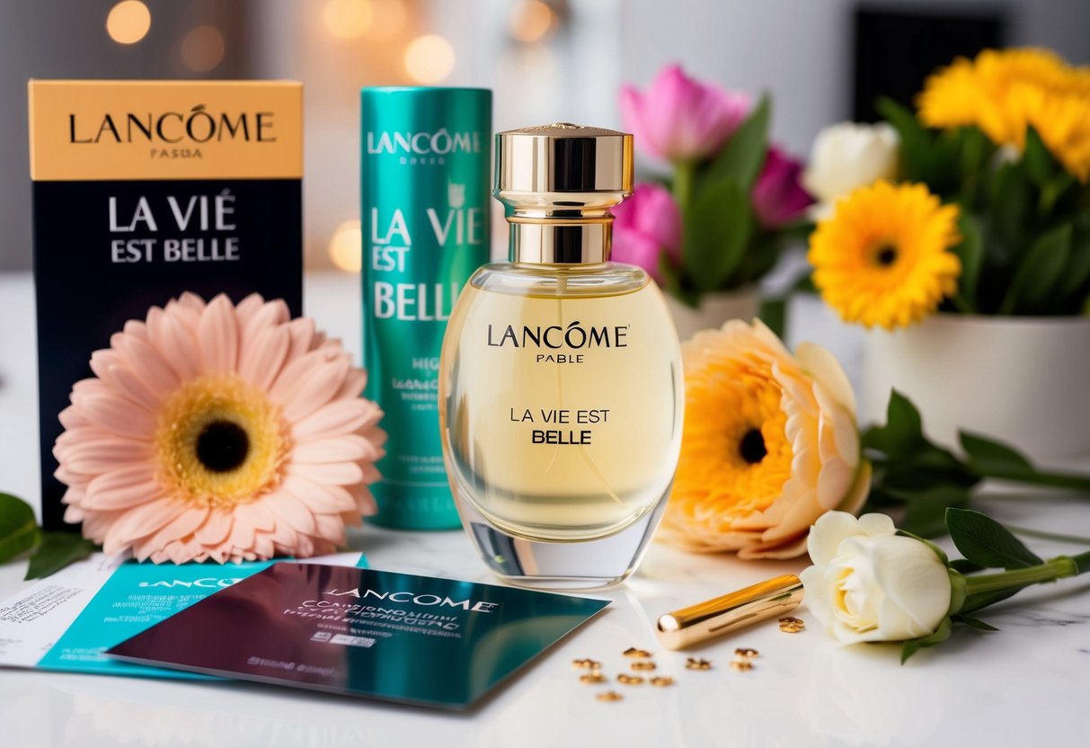 A bottle of Lancôme La Vie Est Belle Fragrance surrounded by promotional materials and flowers