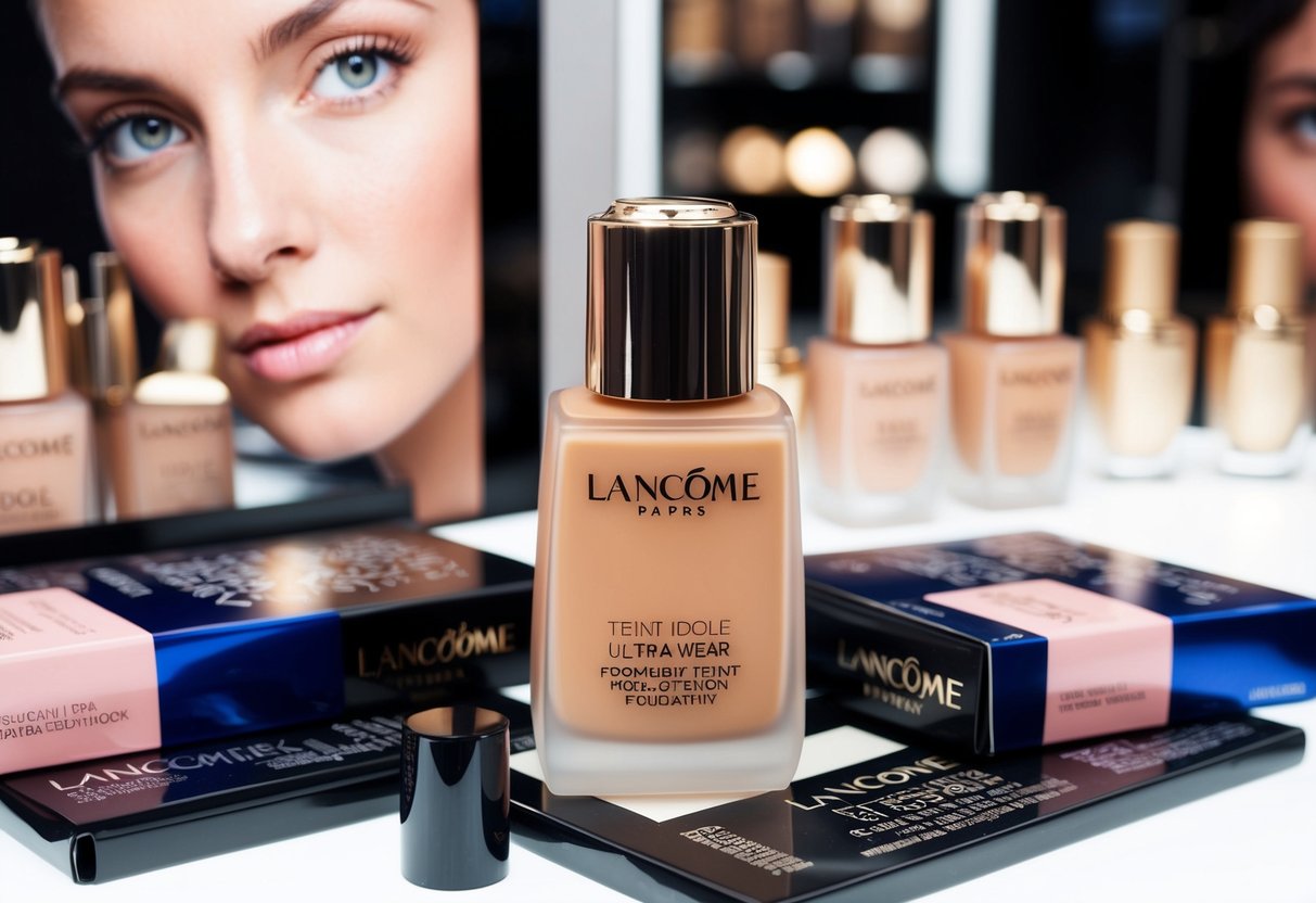 A bottle of Lancôme Teint Idole Ultra Wear Foundation surrounded by promotional materials and displayed on a makeup counter