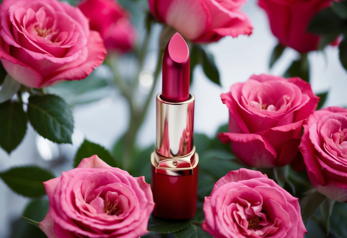 A glamorous lipstick tube surrounded by blooming roses