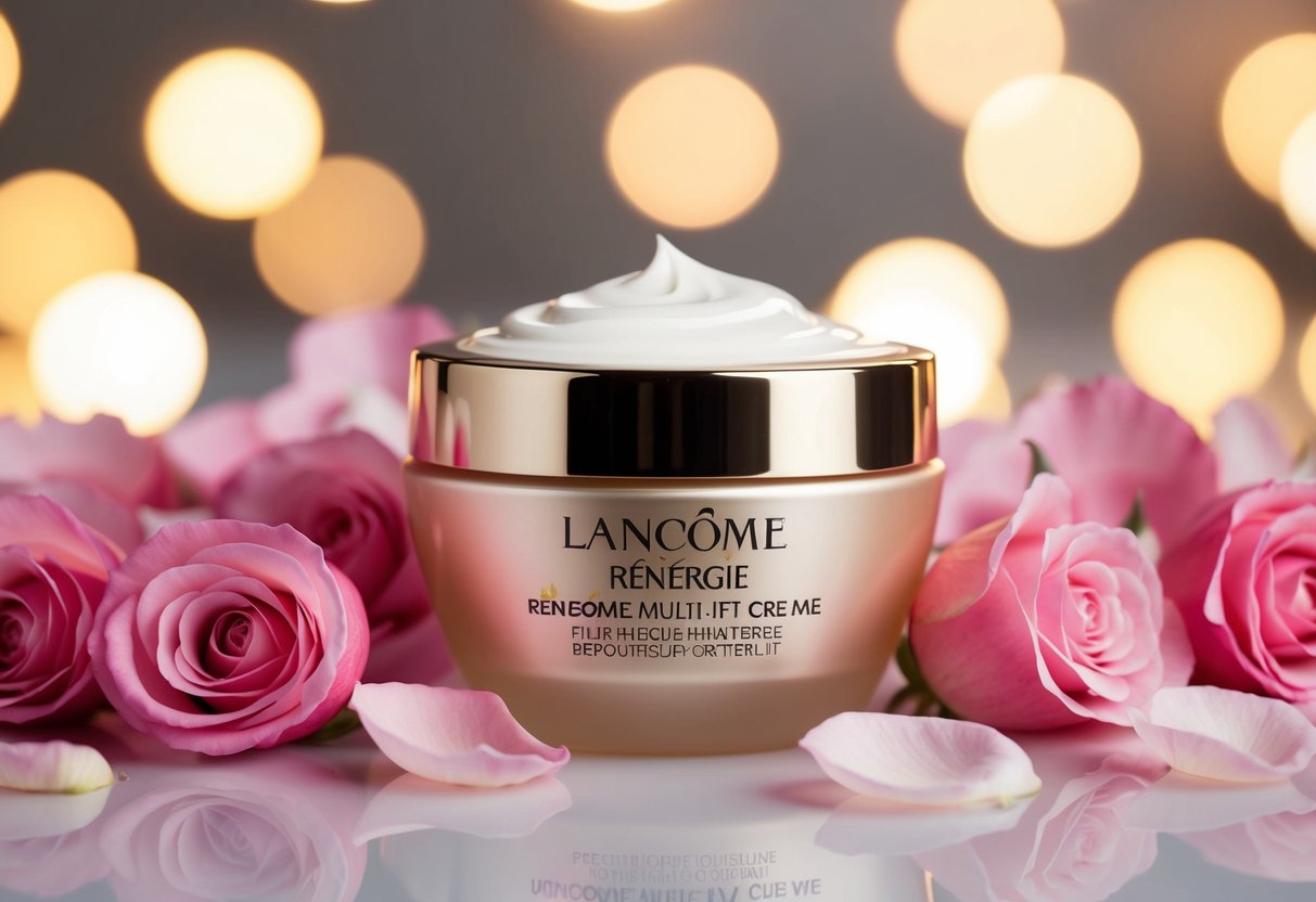 A luxurious jar of Lancôme Rénergie Multi-Lift Cream surrounded by delicate rose petals and soft, glowing light
