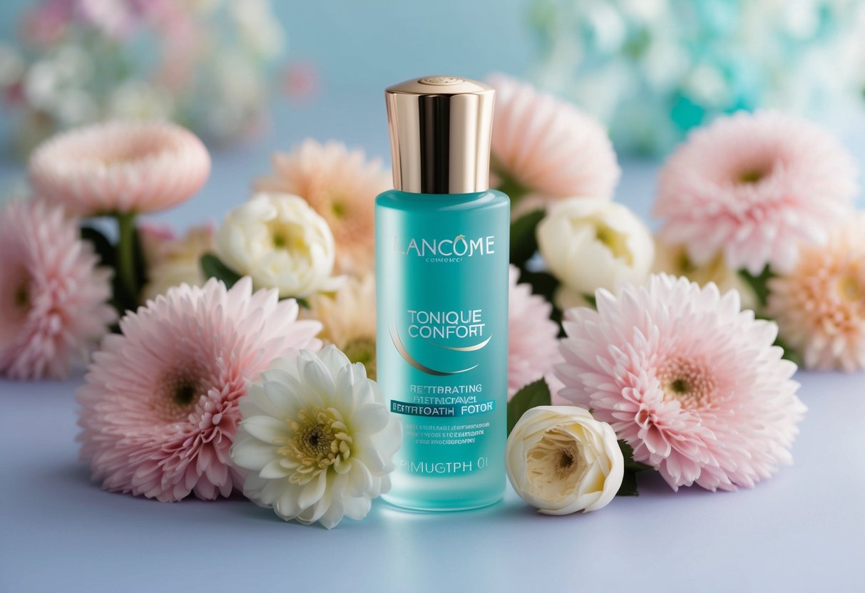 A bottle of Lancôme Tonique Confort Rehydrating Toner surrounded by delicate floral arrangements and soft, pastel-colored backgrounds