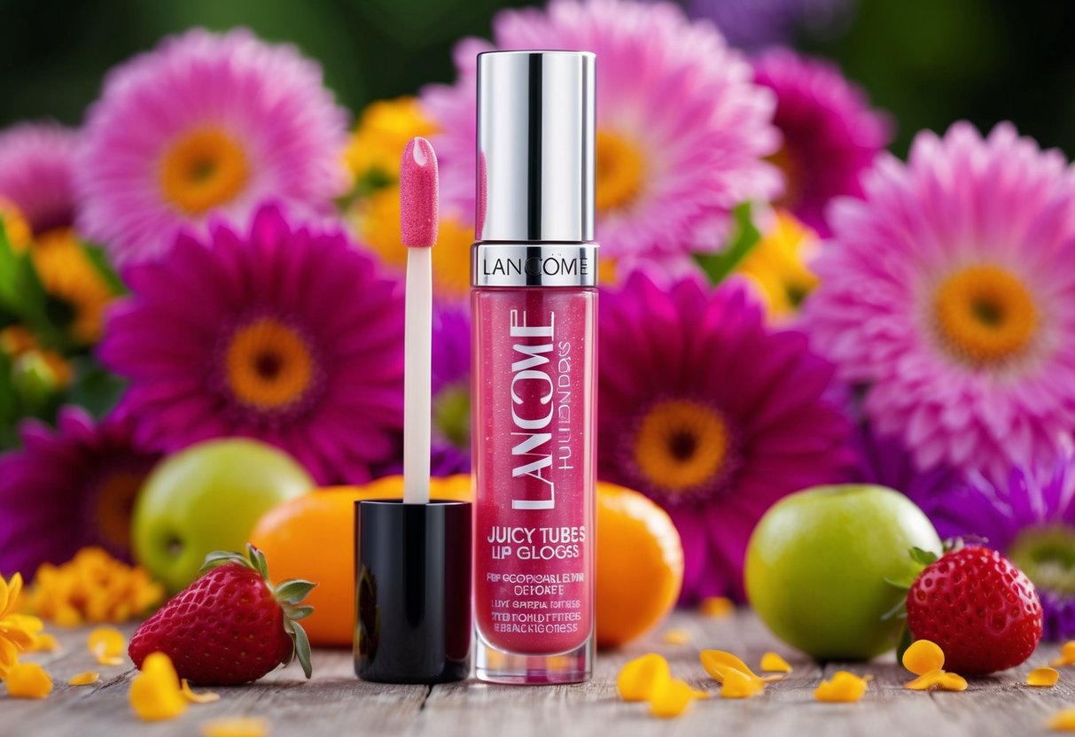 A sparkling tube of Lancôme Juicy Tubes Lip Gloss surrounded by vibrant flowers and fruits