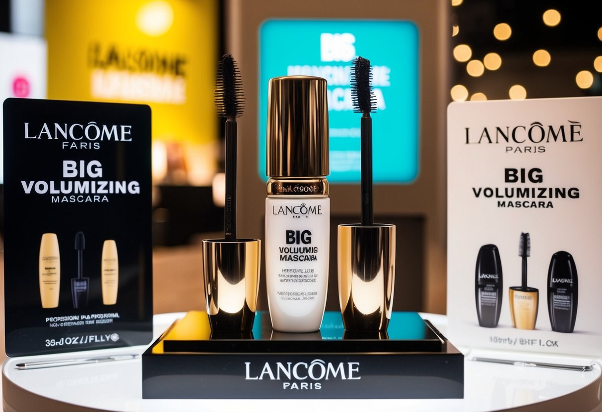 A vibrant display of Lancôme Monsieur Big Volumizing Mascara surrounded by promotional signage and branding materials