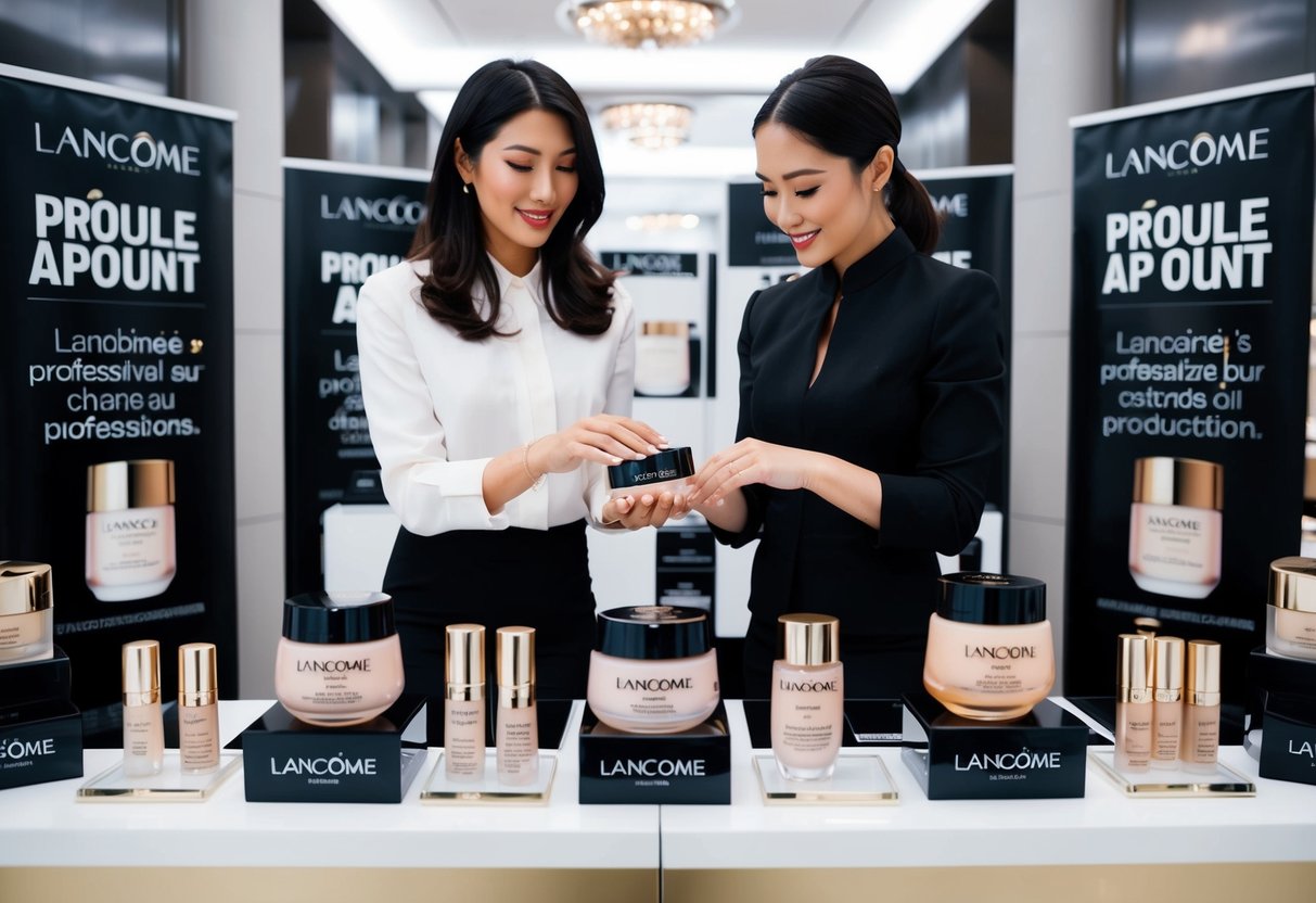 A table with Lancôme products displayed, surrounded by promotional signage and banners. A sales representative assists a customer with a product demonstration