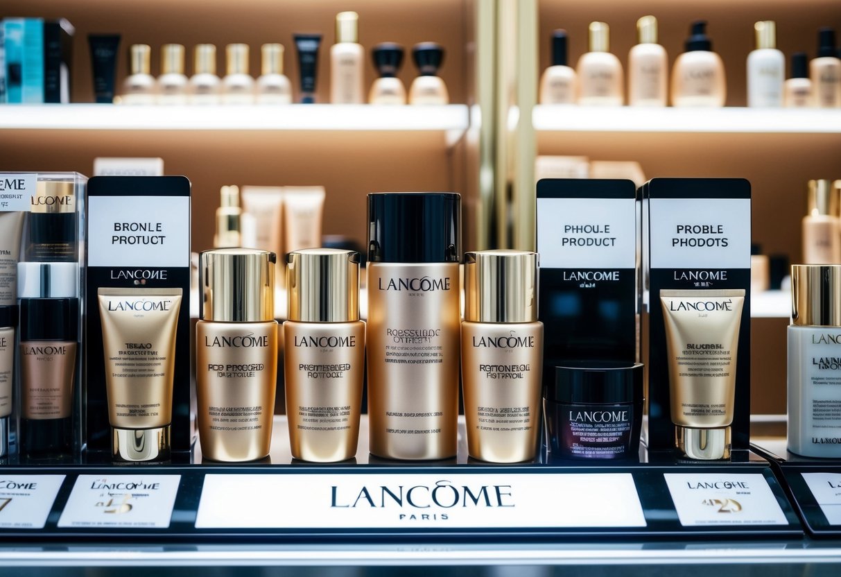 A display of Lancome products with promotional signs and price tags