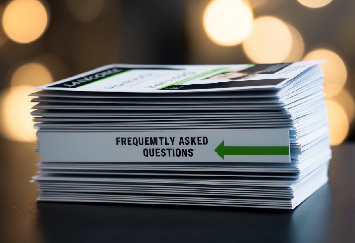 A stack of promotional flyers for Lancome products with a "Frequently Asked Questions" section highlighted