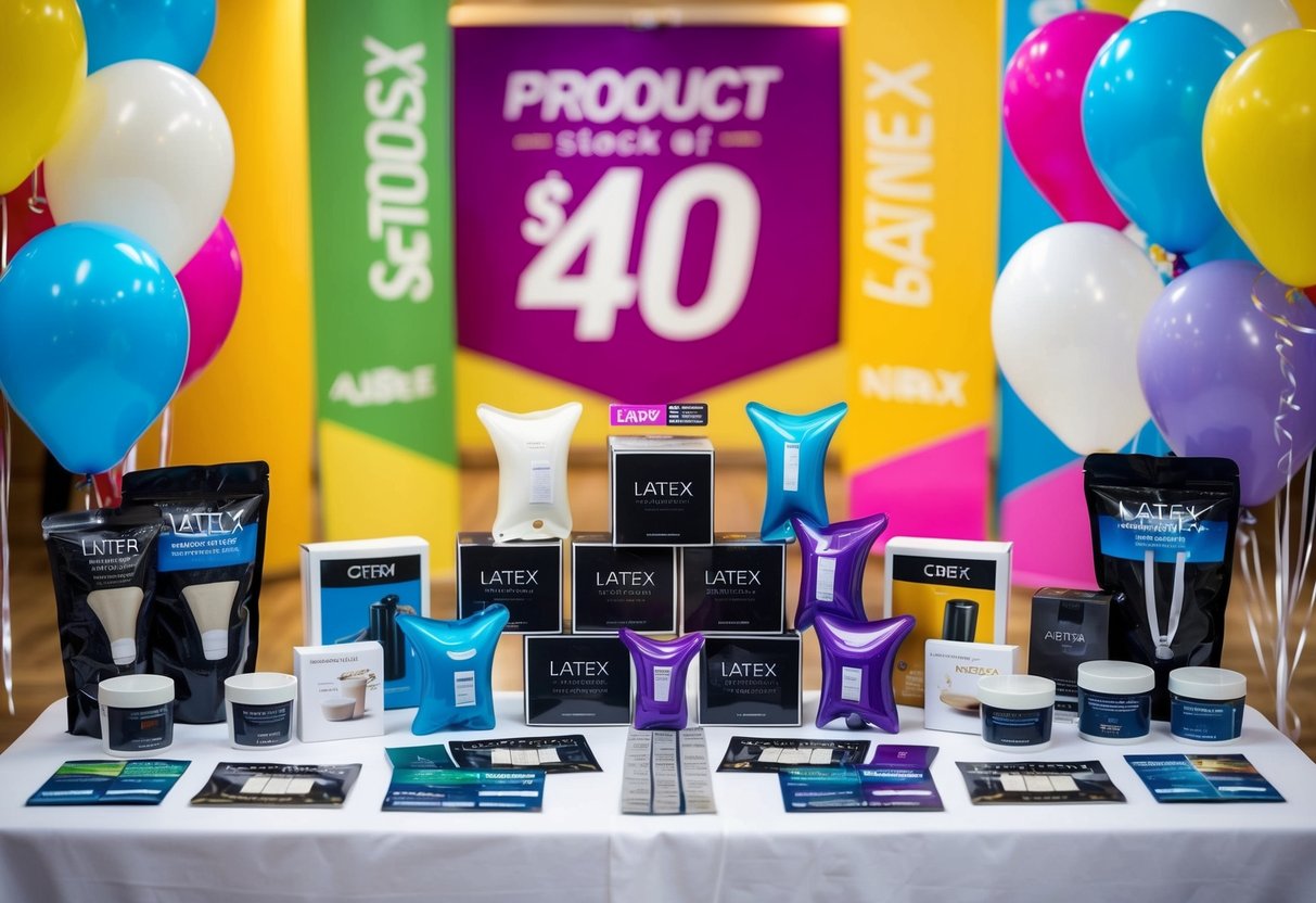 A table with various latex products displayed, surrounded by colorful promotional banners and balloons