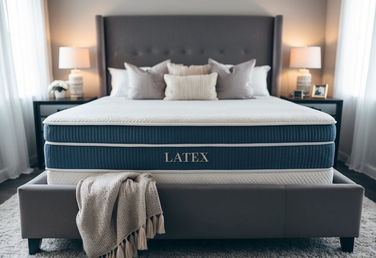 A luxurious bedroom with a pristine latex mattress as the focal point, surrounded by soft, inviting pillows and a cozy throw blanket