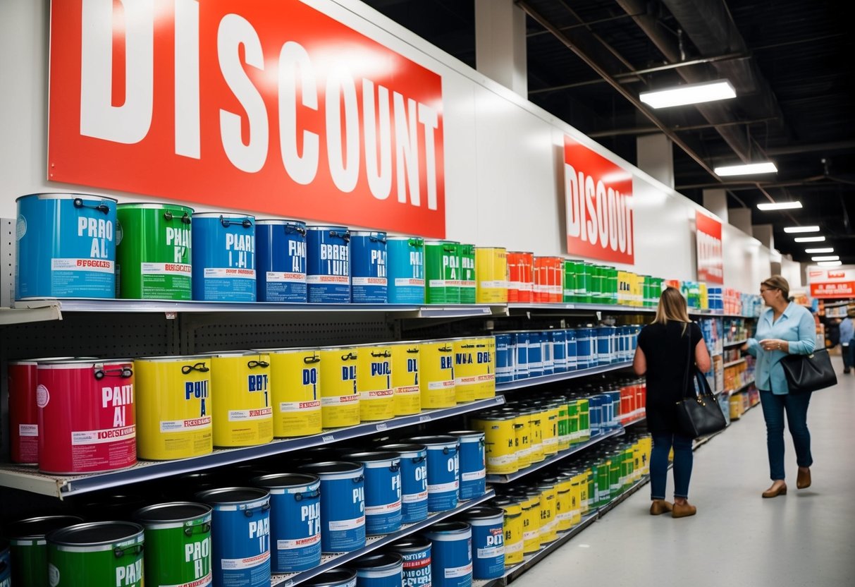 Brightly colored cans of latex paint stacked on shelves with large "discount" signs. Shoppers browsing and comparing prices
