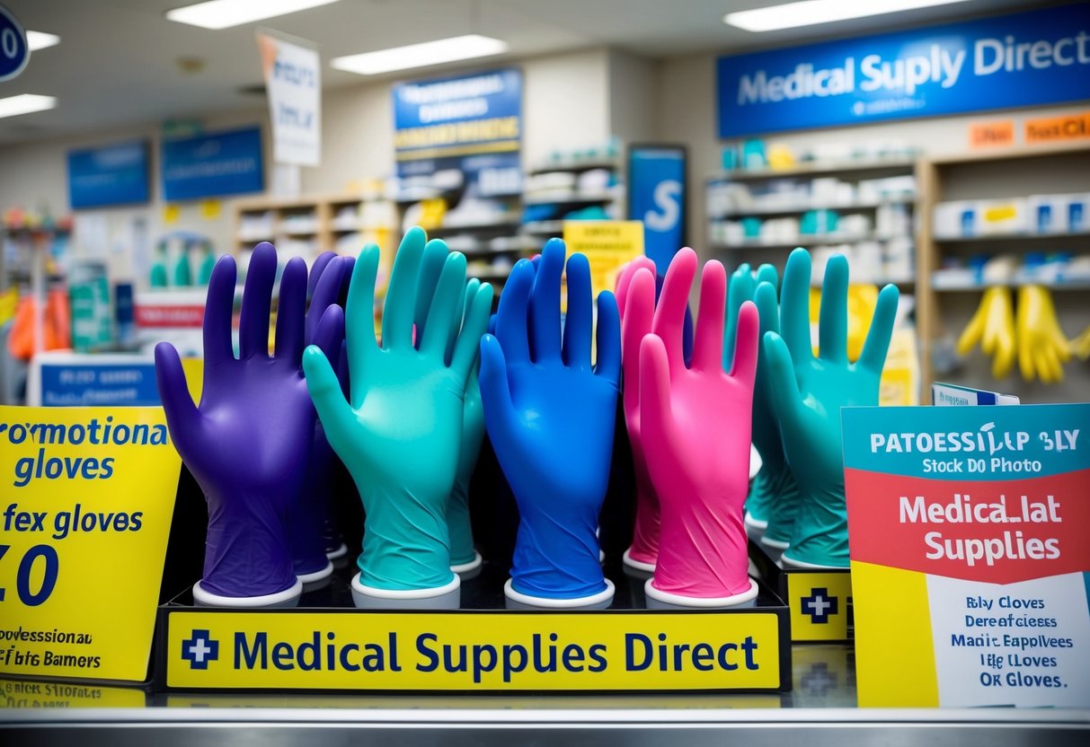 A display of latex gloves in various sizes and colors, surrounded by promotional signs and banners at Medical Supplies Direct