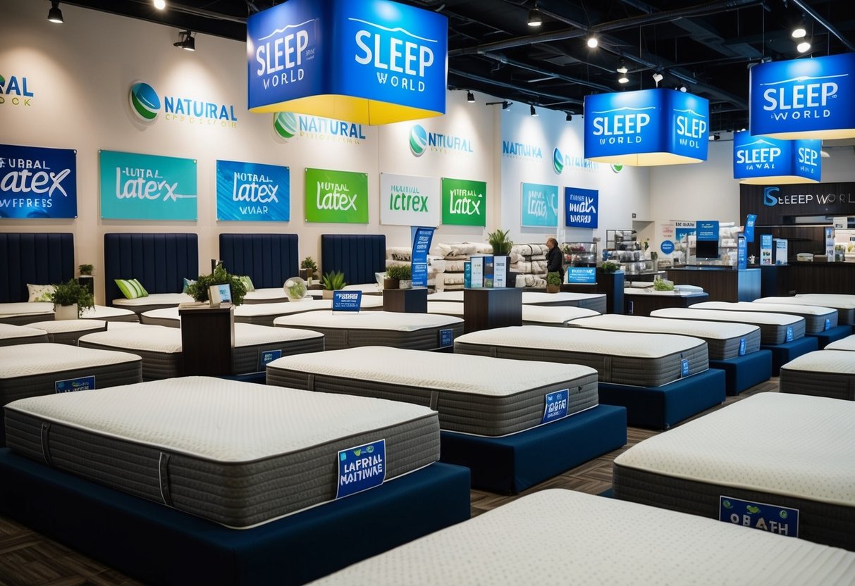 A bustling showroom with rows of natural latex mattresses on display, surrounded by bright promotional signs at Sleep World