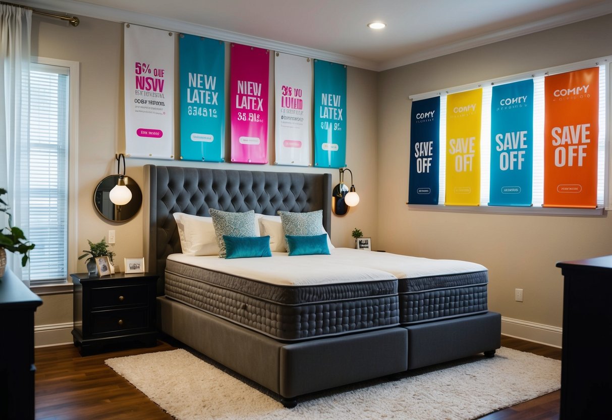 A cozy bedroom with a luxurious latex bed, surrounded by colorful promotional banners and discount tags at Comfy Living