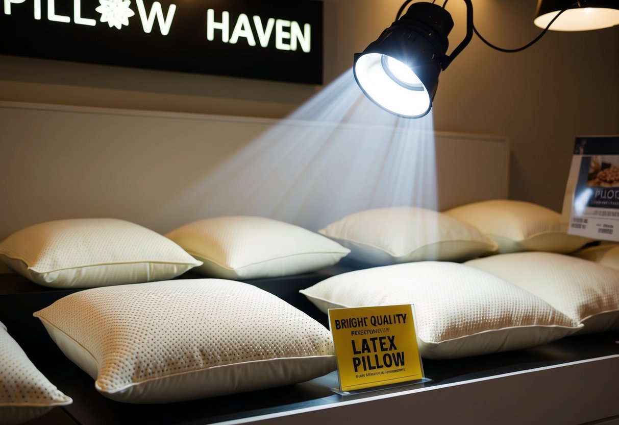 A bright spotlight shines on a display of high-quality latex pillows at Pillow Haven, highlighting the luxurious texture and inviting customers to take advantage of the promotion