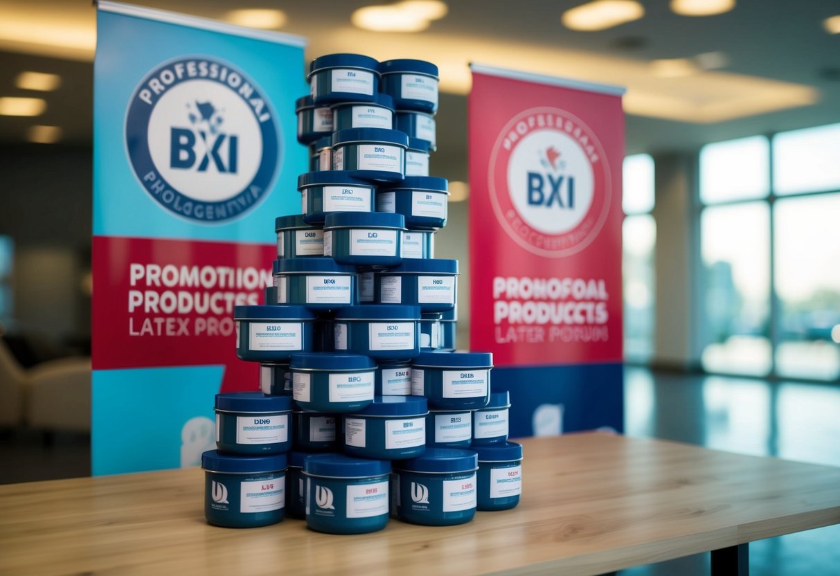 A stack of latex products displayed with promotional banners and logos
