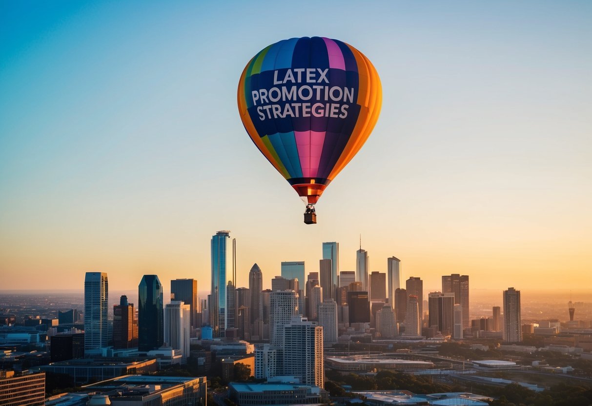 A brightly colored hot air balloon flying over a city skyline, with the words "Latex Promotion Strategies" displayed on its side