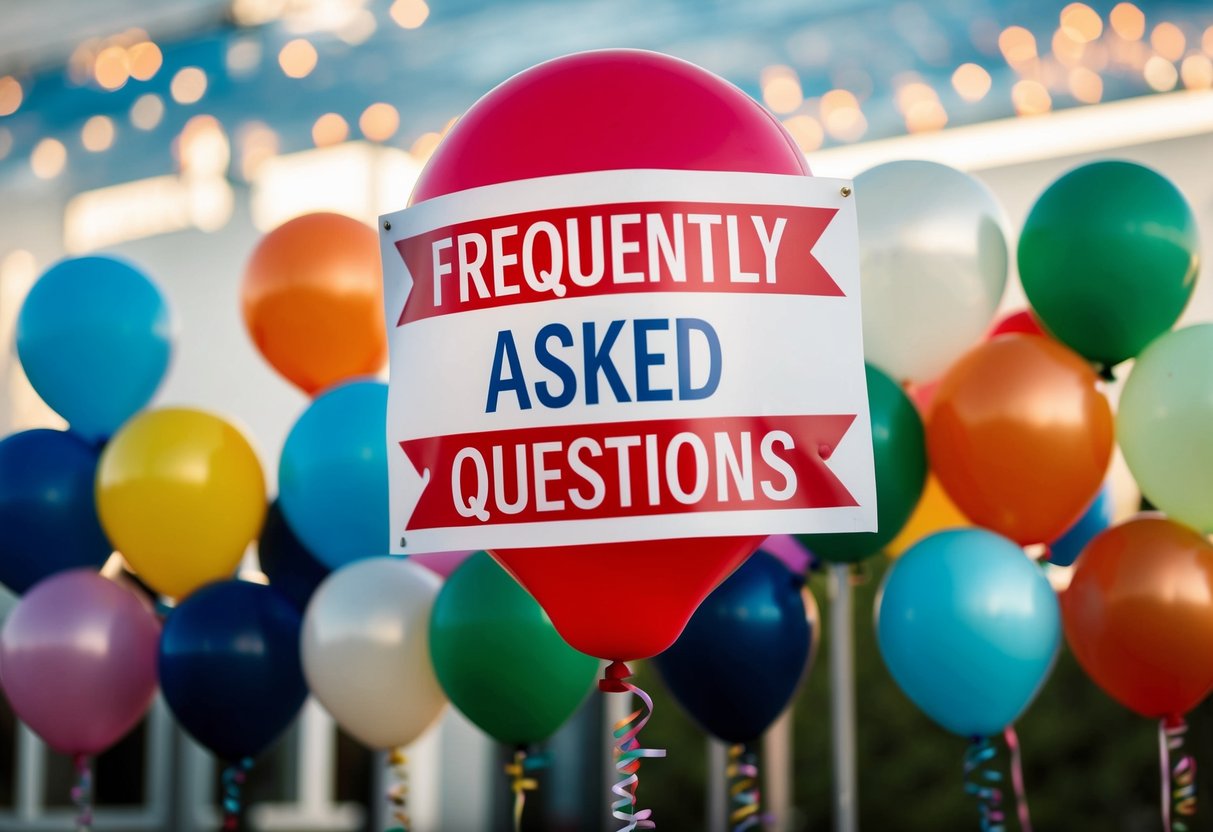 A stack of colorful latex balloons with a "Frequently Asked Questions" banner