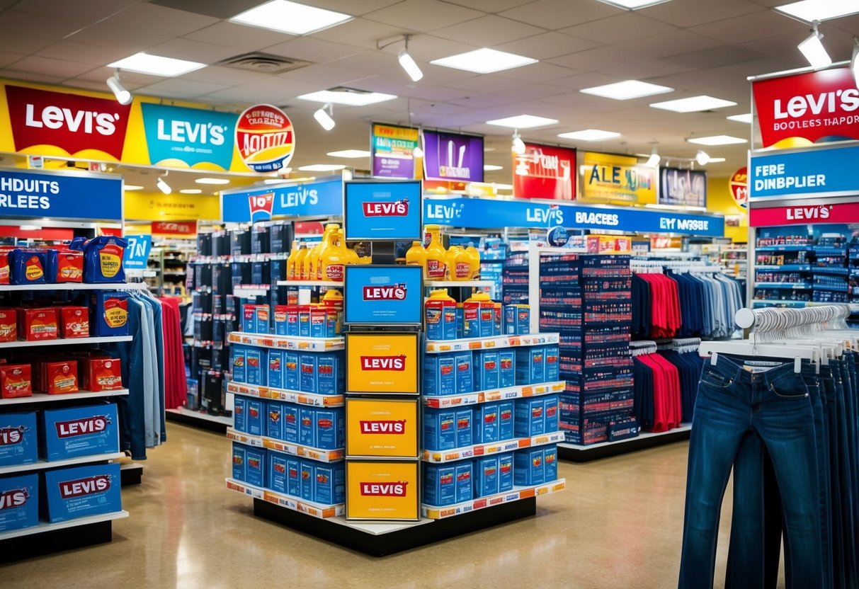 A colorful display of Levi's products arranged on shelves and mannequins, with promotional signs and banners throughout the store