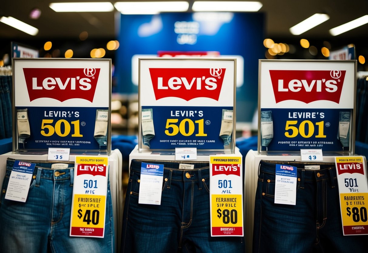 A display of Levi's 501 jeans on sale, with promotional signs and banners