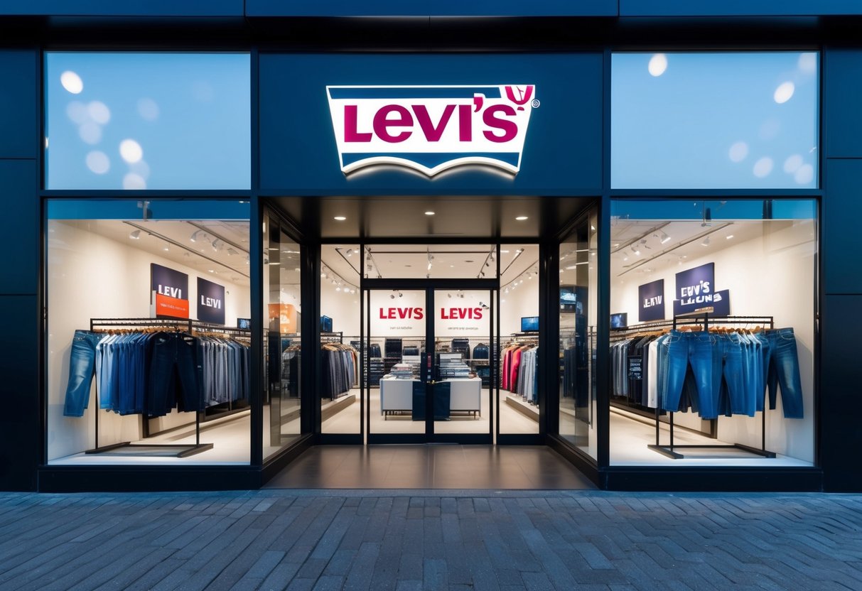A modern, sleek Levi's store with prominent signage and large window displays showcasing discounted merchandise