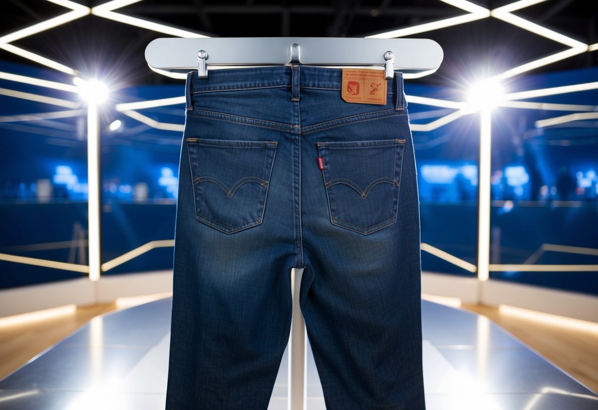 A pair of Levi's 721 High Rise jeans displayed on a sleek, modern promotional platform with bright lighting
